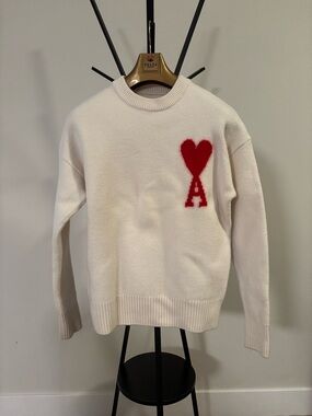 Ami Cream Crewneck Sweater with Red Heart 'A' Logo